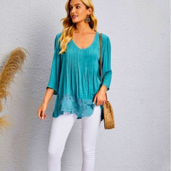 NWT! SWISS DOT LACE TRIM SOLID BLOUSE IN CADET BLUE! - Picture 6 of 12